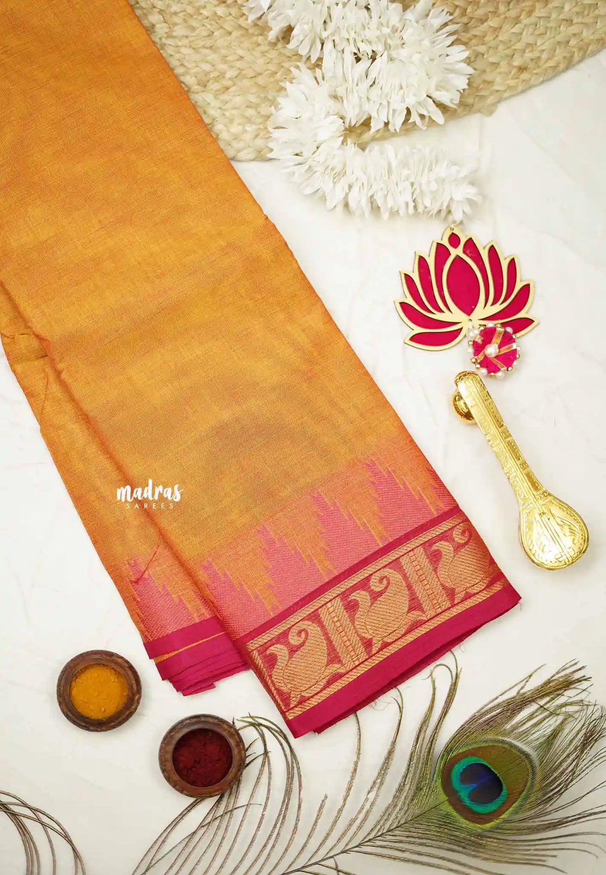 Classic Kanchi cotton with temple border - Orange