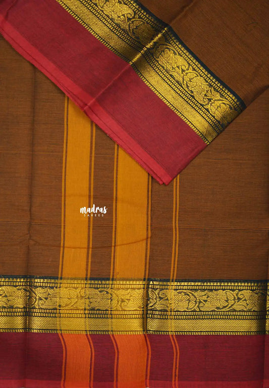 Classic Kanchi cotton floral weaving with skirt border - Brown