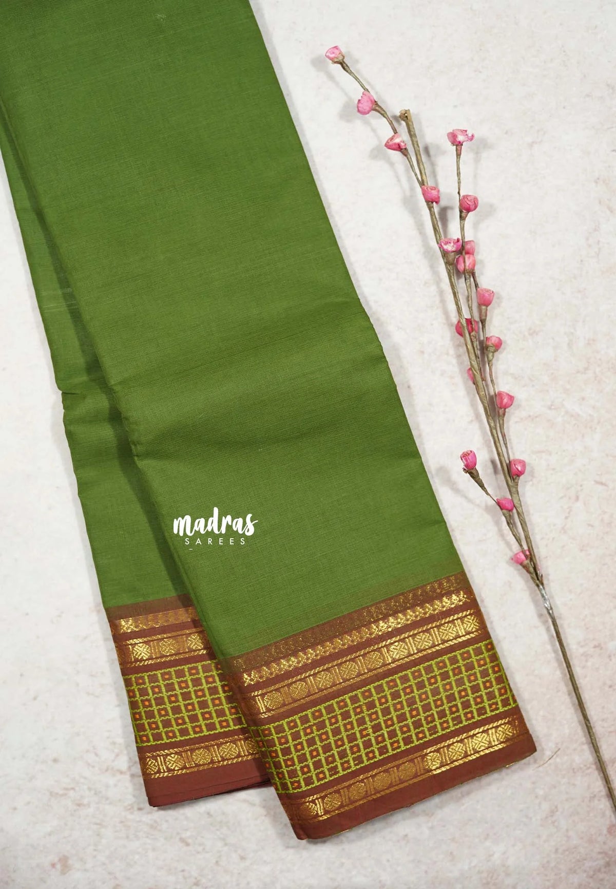 Spring Leaf Green - Classic Kanchi cotton Saree Plain body with Rudraksham and checks Border