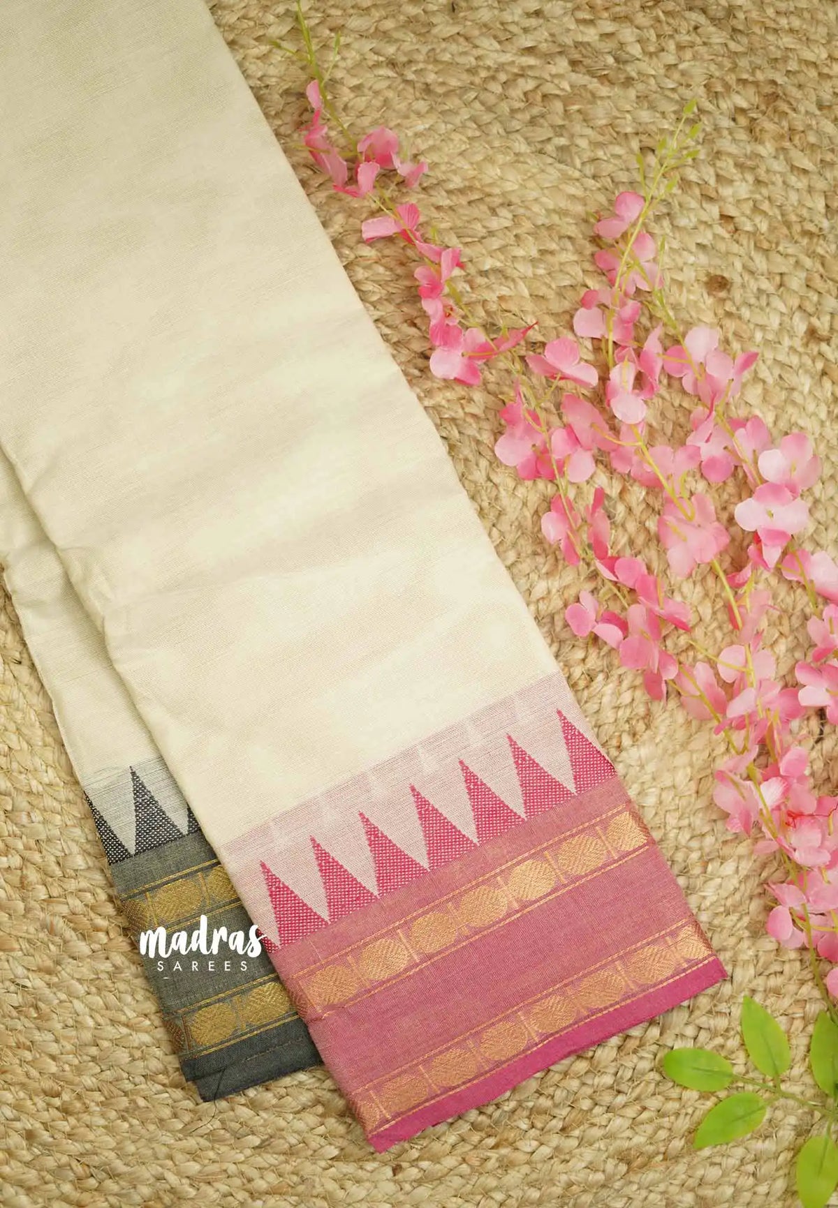 Classic Kanchi cotton rudraksham Ganga Jamuna border - Halfwhite