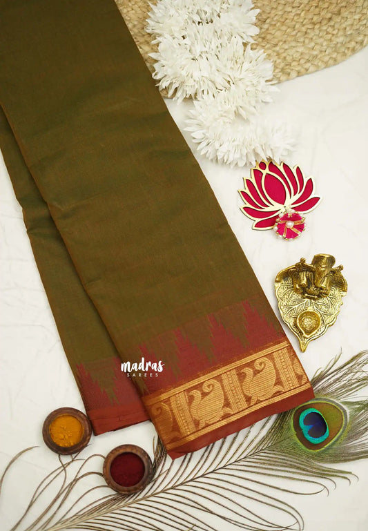 Classic Kanchi cotton Temple border - Army Green