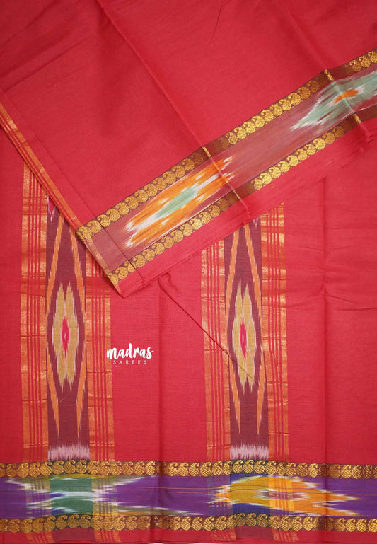 Red - Classic Kanchi cotton Saree with Pochampalli Border