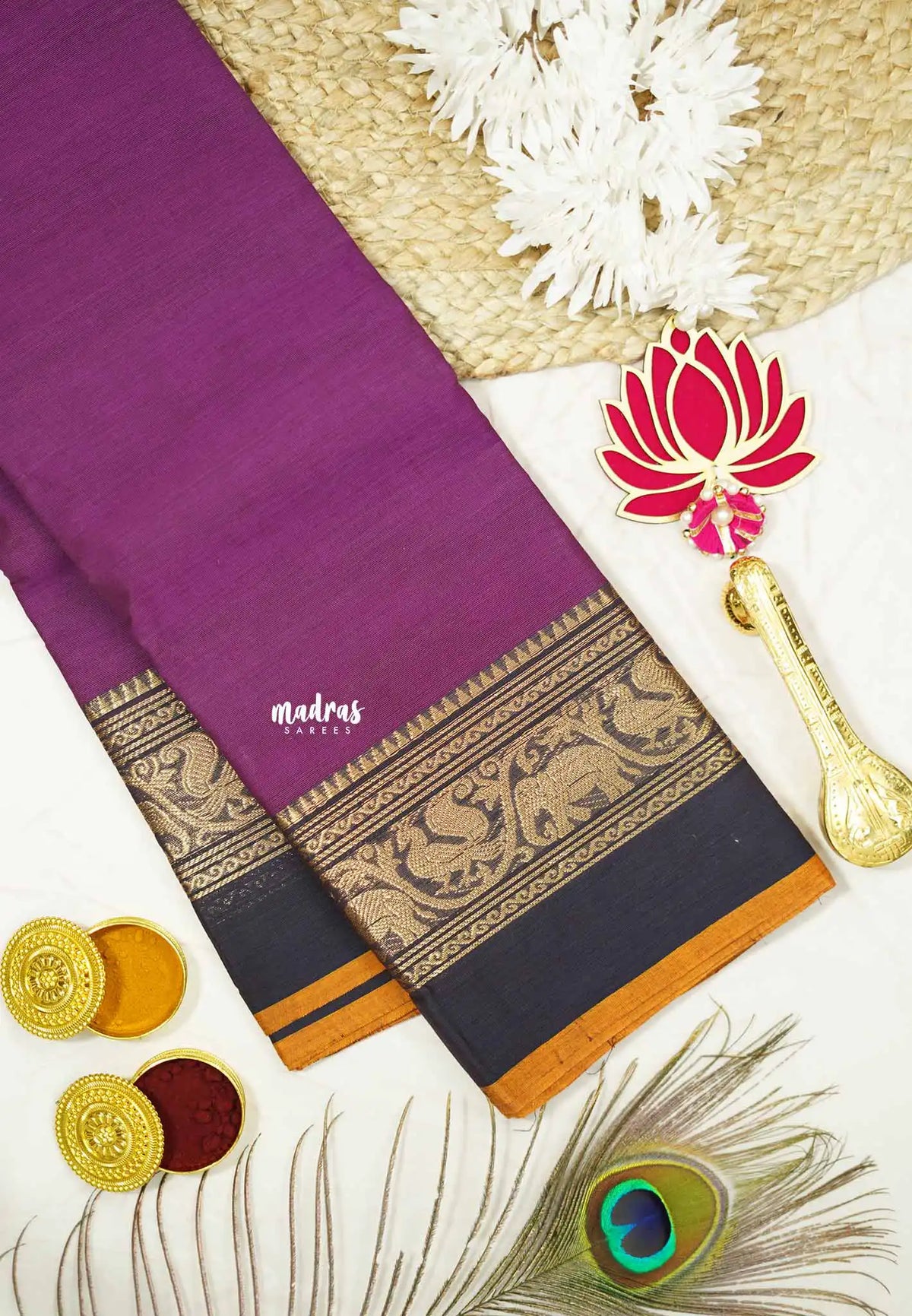 Classic Kanchi cotton yaanai mayil petti border - Magenta