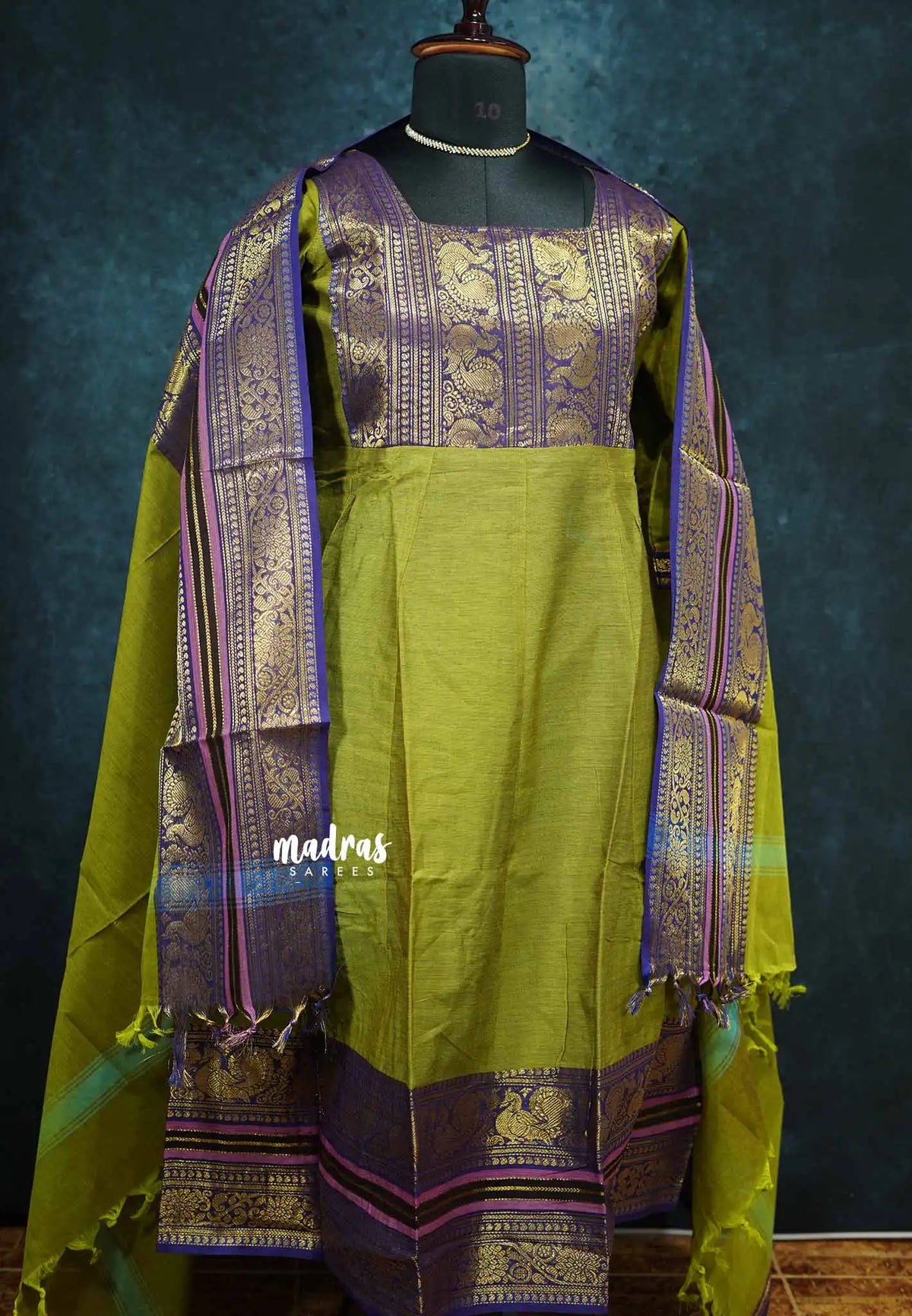 Mehendi green with purple - READYMADE (ONLY TOP AND DUPATTA) Classic kanchi cotton anarkali set