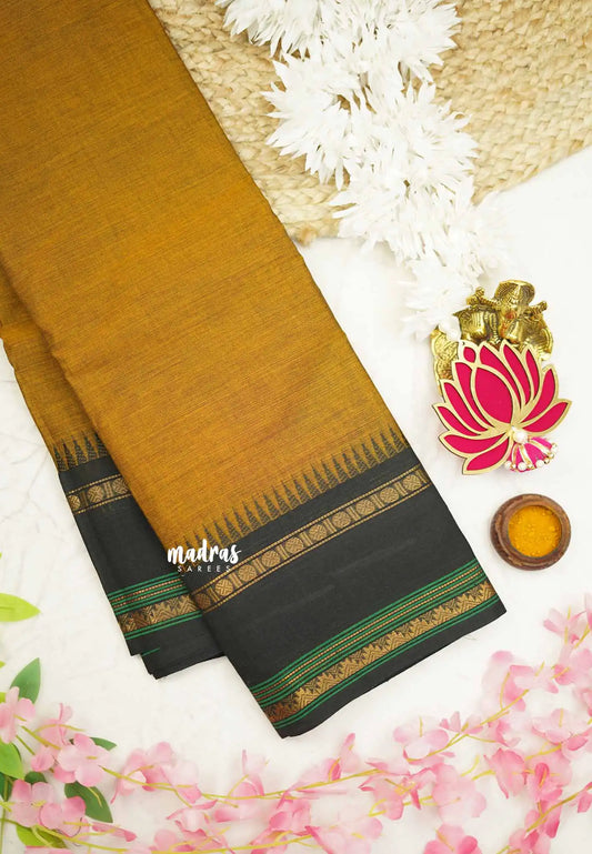 Classic Kanchi cotton rettapet border - Mustard brown with Black