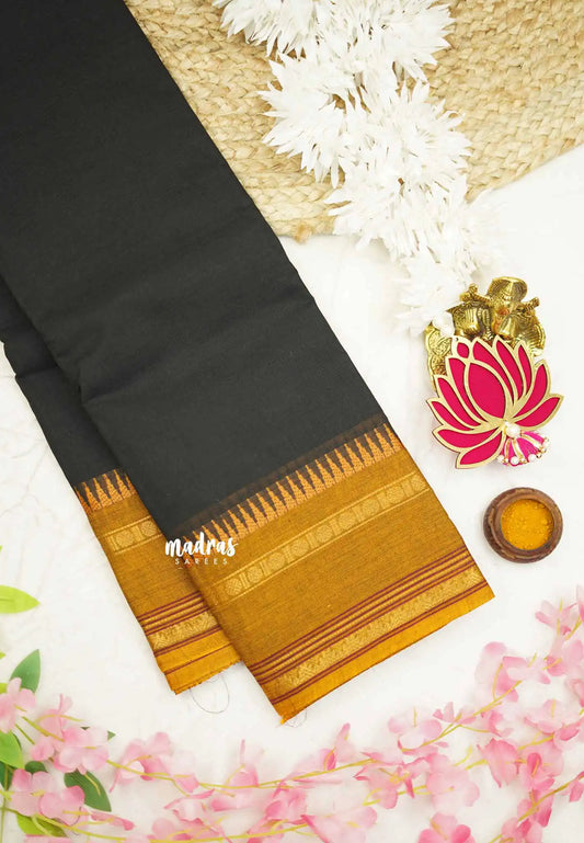 Classic Kanchi cotton rettapet border - Black with mustard brown