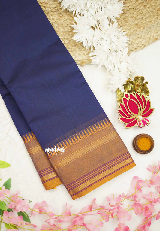 Classic Kanchi cotton rettapet border - Blue with light brown