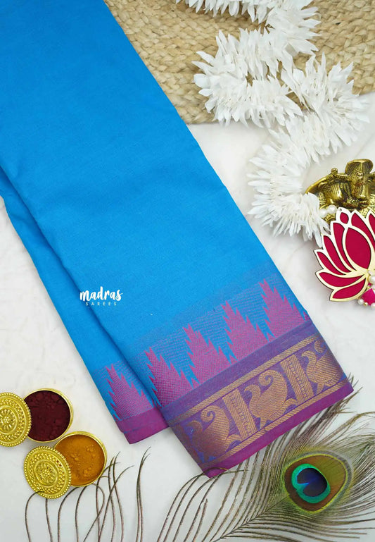 Classic Kanchi cotton with temple border - Ananda blue