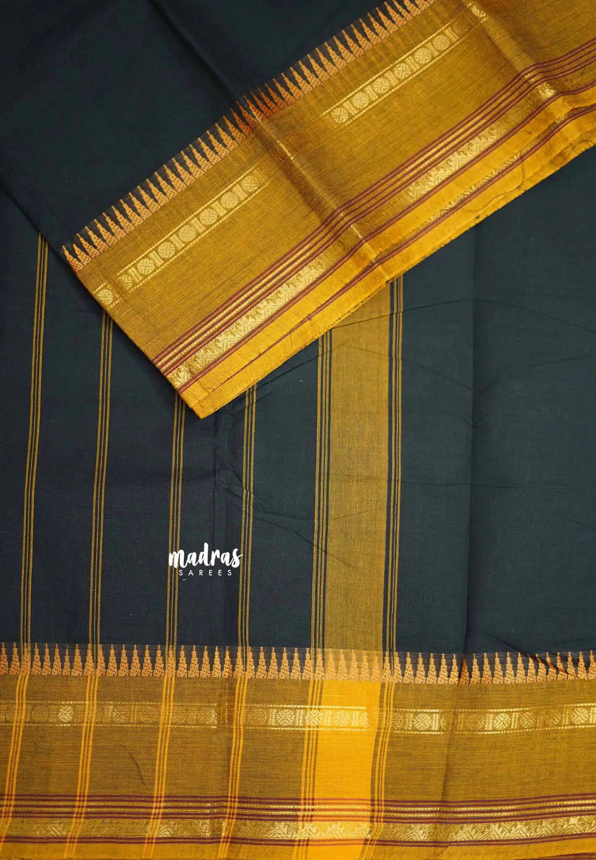 Classic Kanchi cotton rettapet border - Black with mustard brown