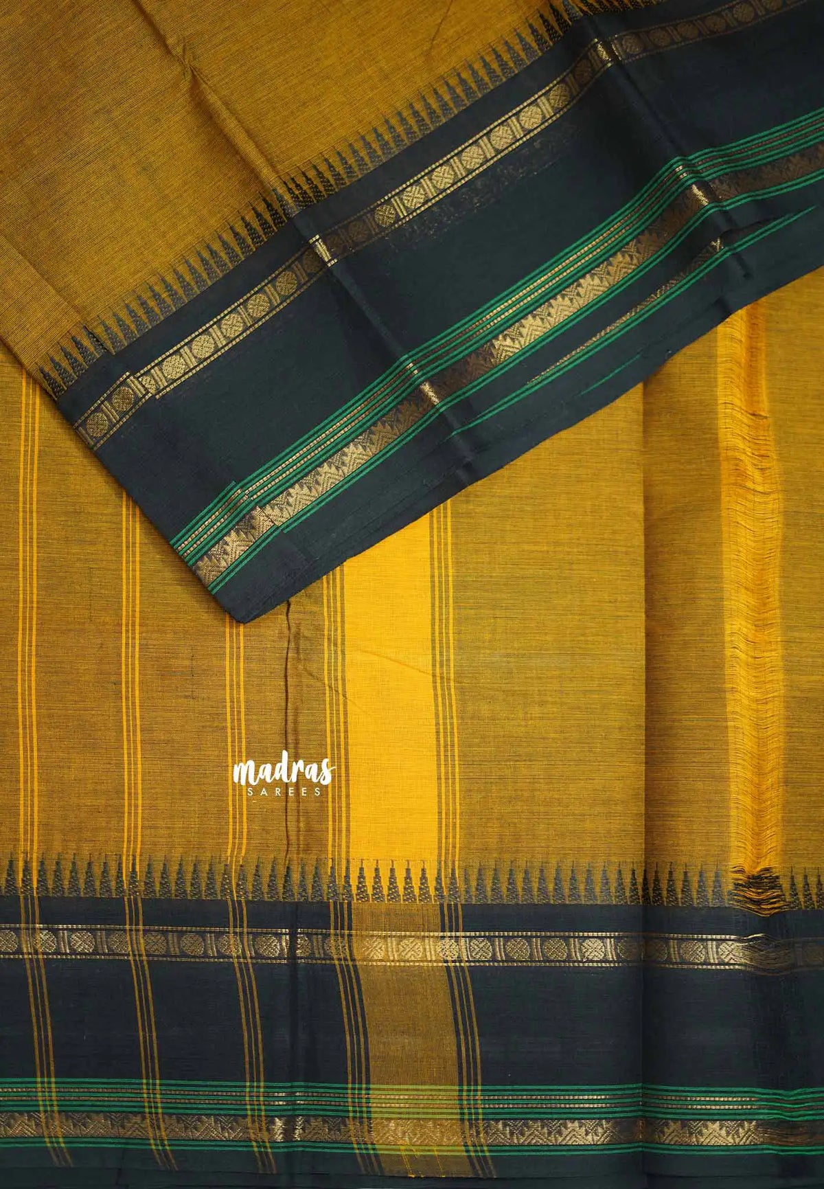 Classic Kanchi cotton rettapet border - Mustard brown with Black