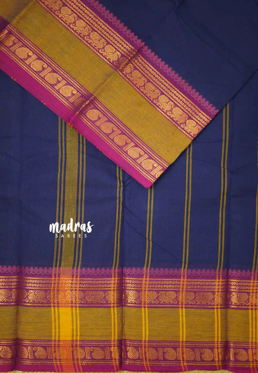 Classic Kanchi cotton rettapet mayil border - Blue