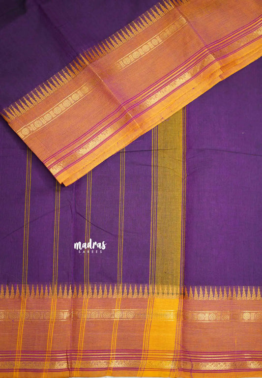 Classic Kanchi cotton rettapet border - Purple with orange