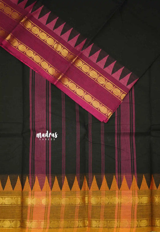 Classic Kanchi cotton with Rudraksham Ganga Jamuna border - Black