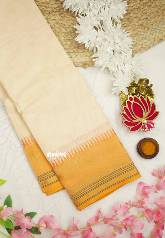 Classic Kanchi cotton rettapet border - Ivory white with pale orange