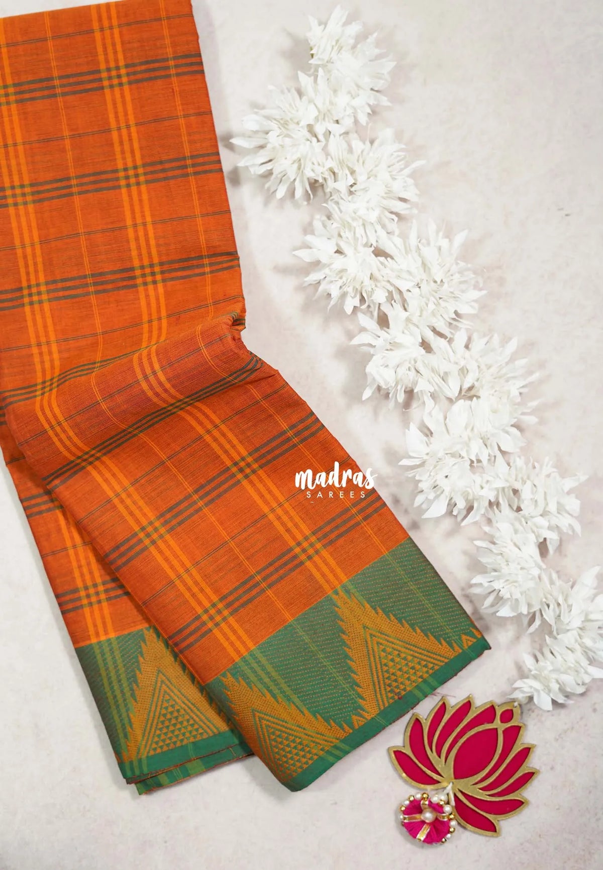 Mustard Orange - Classic Kanchi chettinad Cotton Kandangi Checks with Temple Border without Blouse - Best for Temple Visit