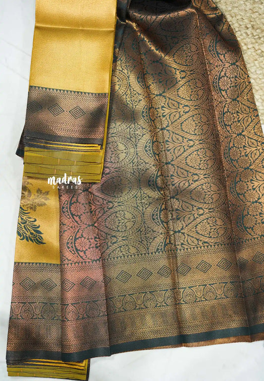 Thendral - Kanchi semi silk mayil weaving - Mango yellow