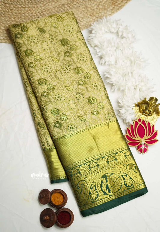 Kanchi Tissue Silk Saree With Floral weaving green color