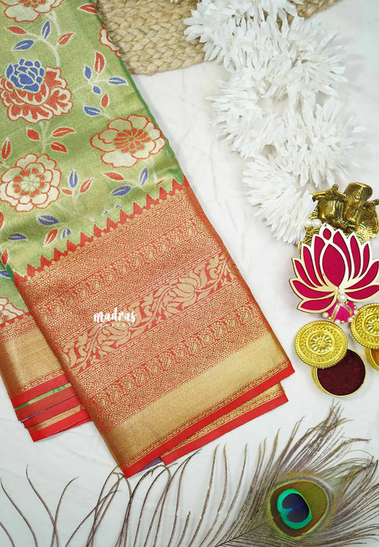 Kanchi Tissue Silk Saree With Floral weaving - Green