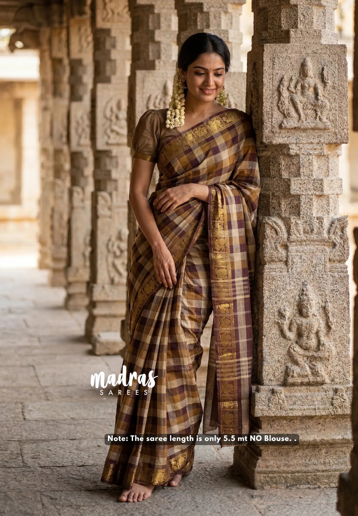 Beige, Mustard and Brown - Classic Kanchi cotton Paalum Pazhamum kandangi  Kattam with Peacock Border without Blouse - Best for Temple Visit