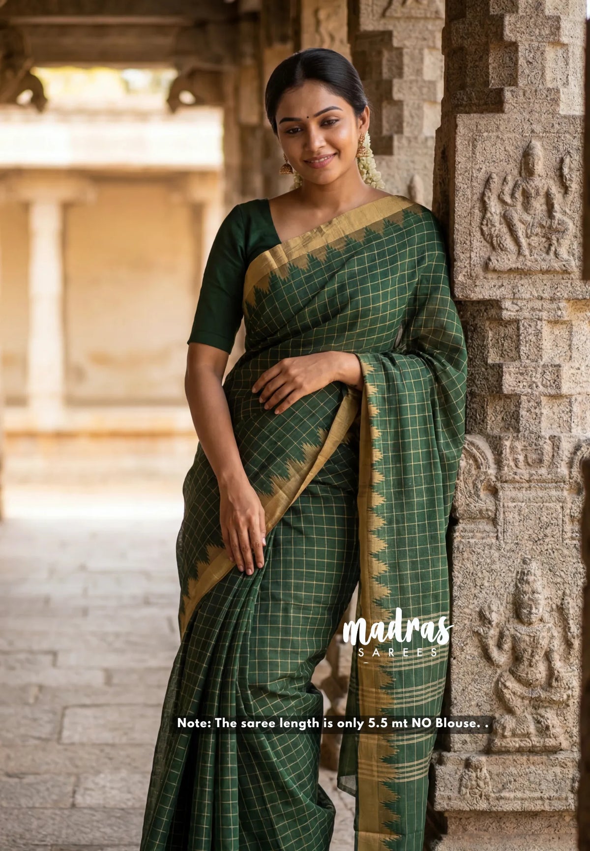 Forest Green - Classic Kanchi chettinad Cotton Kandangi Checks with Temple Weaving Border without Blouse - Best for Temple Visit