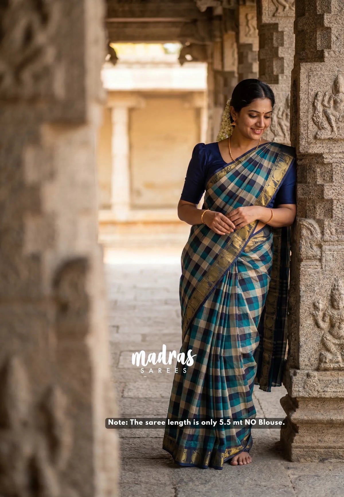 Beige, Teal Blue and Green - Classic Kanchi cotton Paalum Pazhamum kandangi Kattam with Ruddraksham and Temple Border without Blouse - Best for Temple Visit