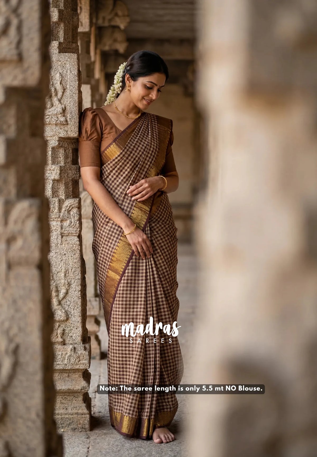 Beige with Brown - Classic Kanchi Cotton Kandangi Checks with Zari Border without Blouse - Best for Temple Visit