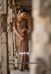 Beige with Brown - Classic Kanchi Cotton Kandangi Checks with Zari Border without Blouse - Best for Temple Visit