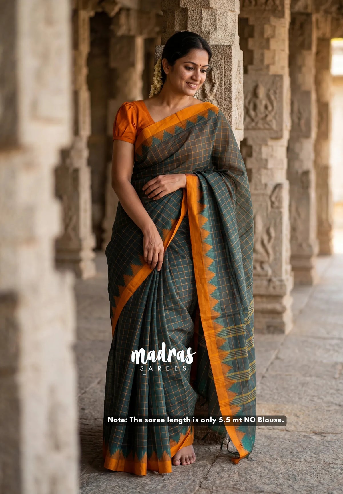 Dark Green - Classic Kanchi Chettinad Cotton Kandangi Checks with Temple Weaving Border without Blouse - Best for Temple Visit
