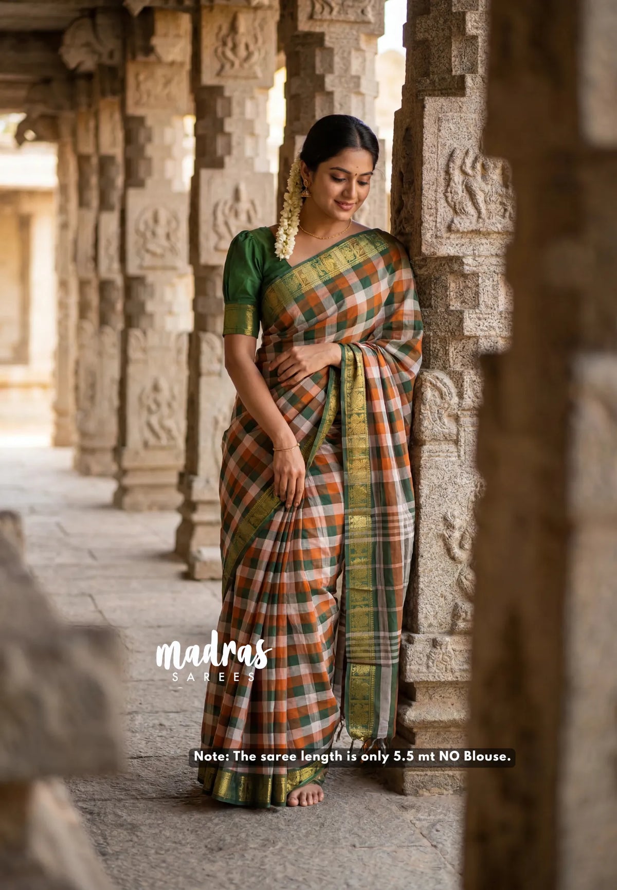 Beige, Mustard Orange and Green - Classic Kanchi cotton Paalum Pazhamum Kandangi  Kattam with Peacock Border without Blouse - Best for Temple Visit