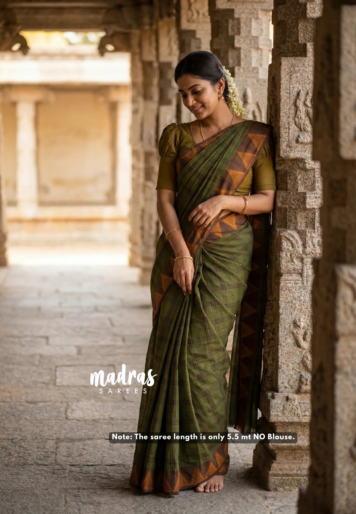 Verdant Green - Classic Kanchi Chettinad Cotton Kandangi Checks with Temple Weaving Border without Blouse - Best for Temple Visit