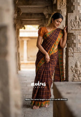 Coffee Brown - Classic Kanchi Chettinad Cotton Kandangi Checks with Temple Weaving Border without Blouse - Best for Temple Visit