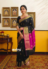 Jet Black - Kanimozhi - Soft Silk Saree Mango Border with Mango Buttas - Best for Small Functions