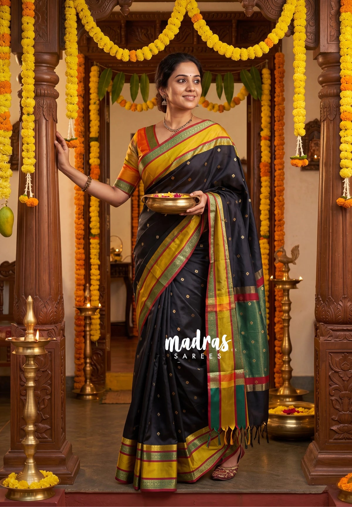 Jet Black Sico Gadwal Semi Silk Saree with Traditional Rettapet Border & Buttas | Elegant Wedding Wear Saree