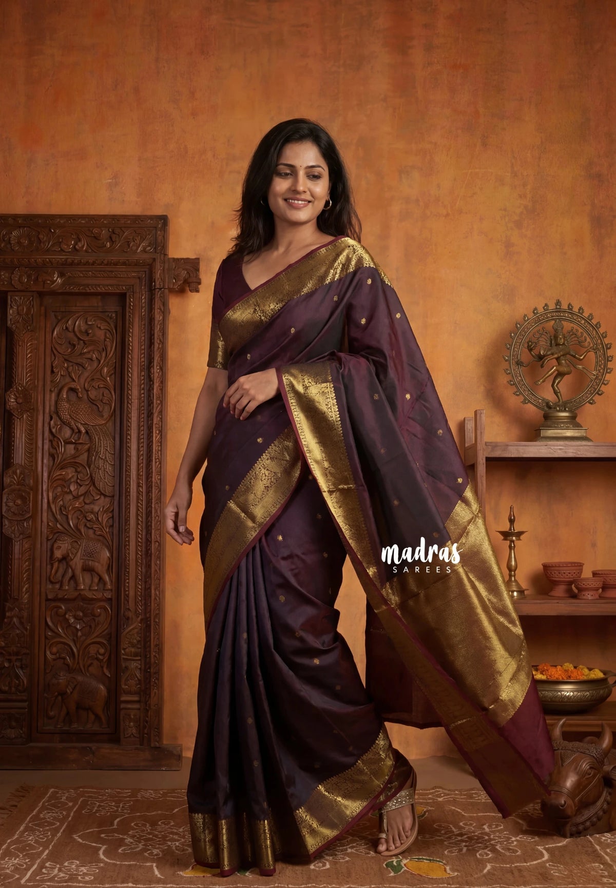 Dual Shade Dark Chocolate Brown - Kanimozhi - Soft Silk Saree Mango Zari Border with Buttas - Best for Small Functions