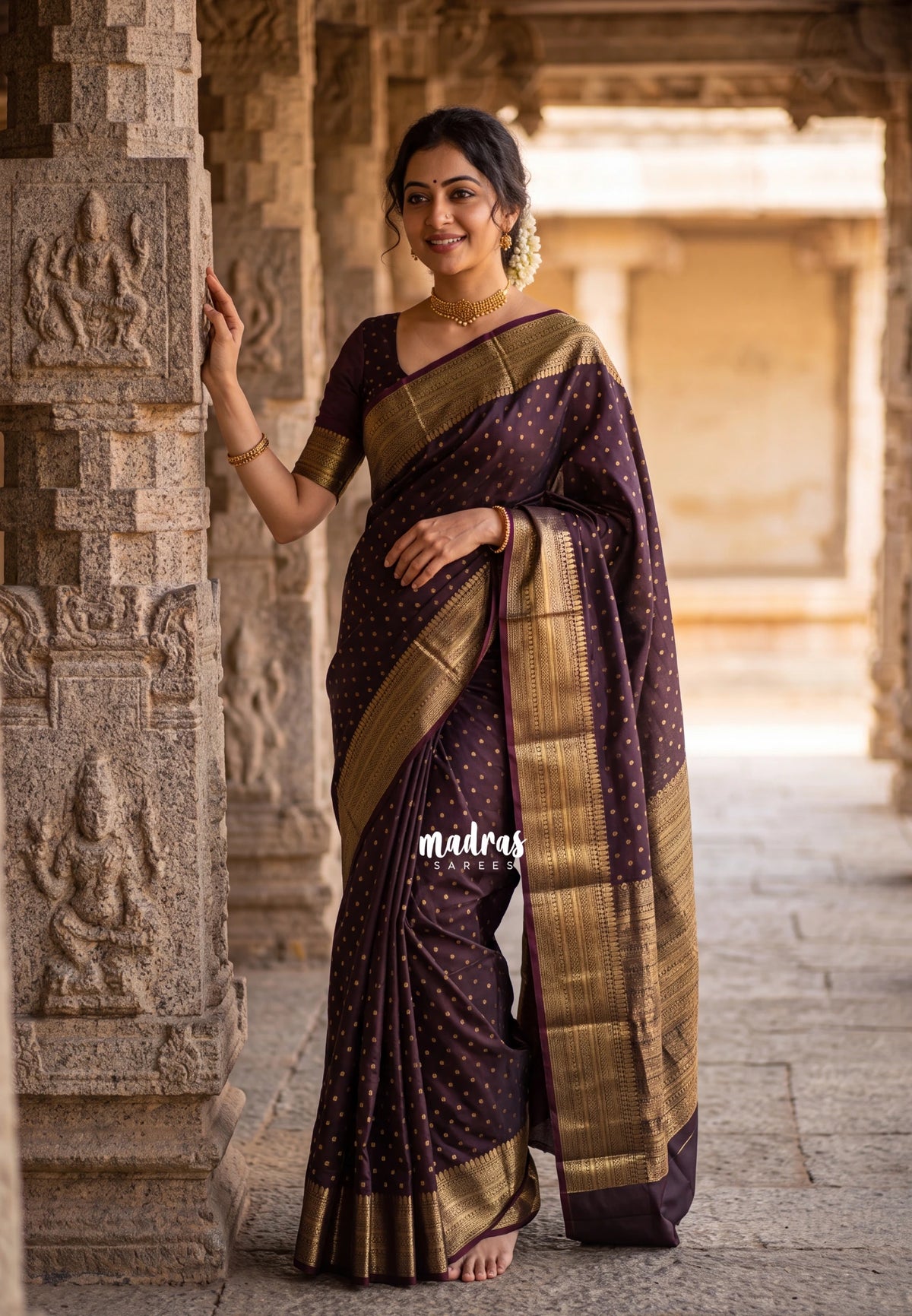 Dark Chocolate Brown - Kanimozhi - Soft Silk Saree Traditional Zari Border with Buttas - Best for Wedding Functions