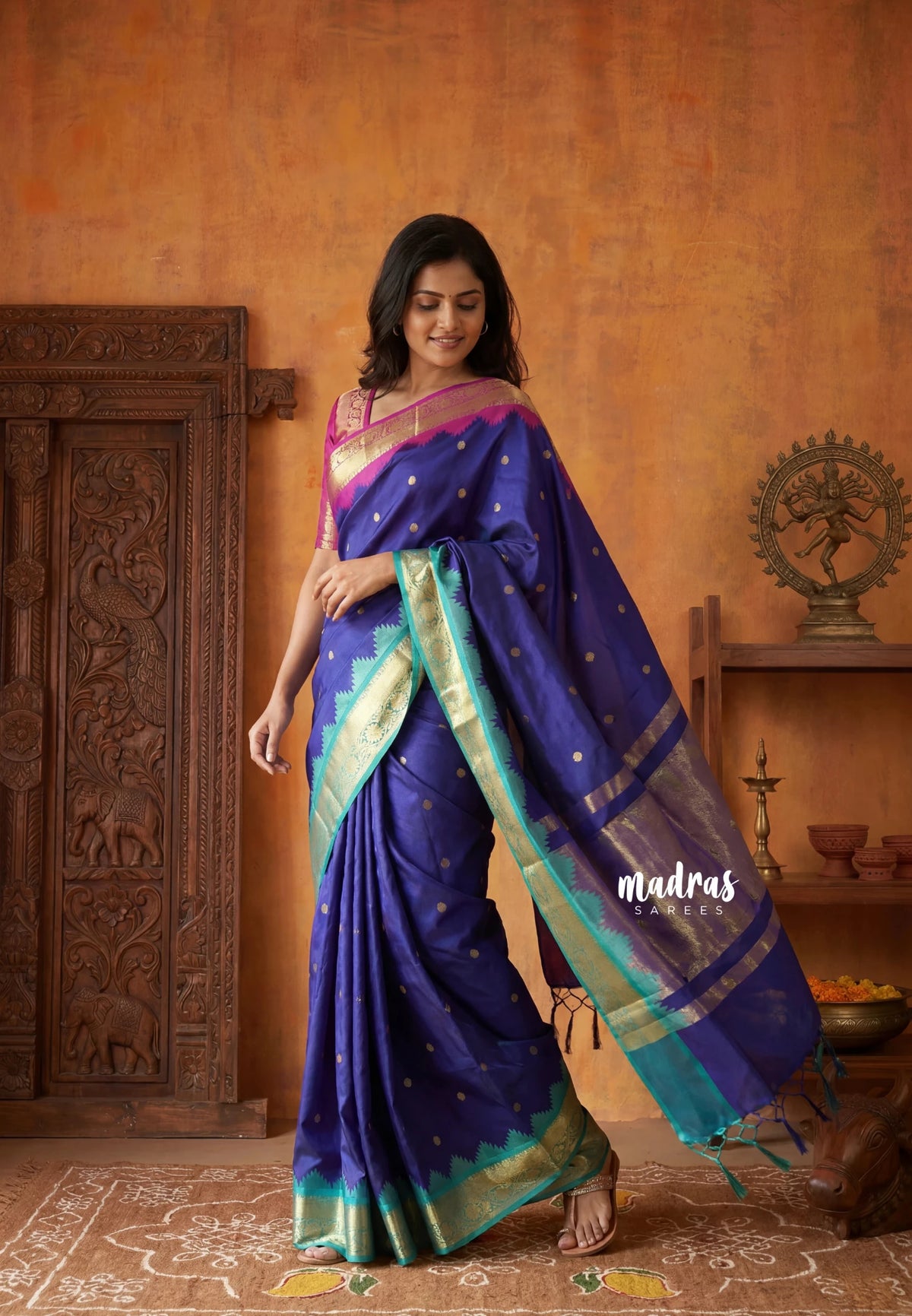 Violet Blue - Kanimozhi - Soft Silk Saree Ganga Jamuna Border with Buttas - Best for Small Functions