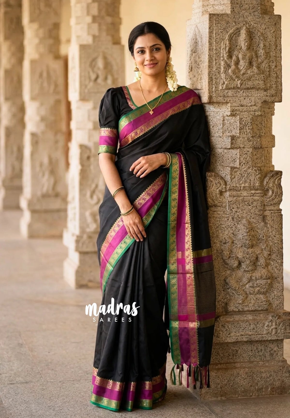 Ebony Black - Kanimozhi - Soft Silk Saree Plain with Rettapet Border - Best for Small Functions