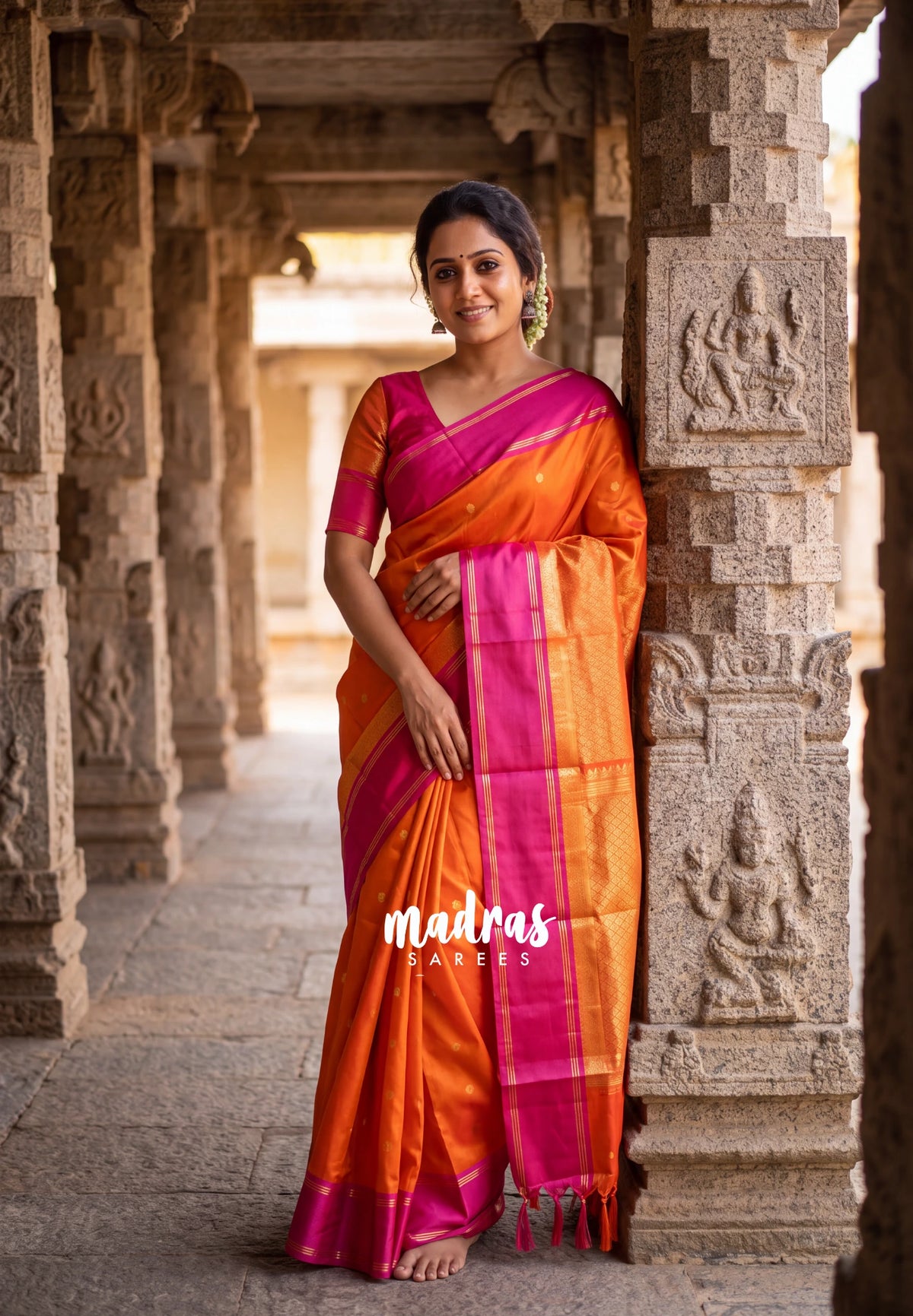 Sunset Orange - Kanimozhi - Soft Silk with Rettapet Border - Best for Festive Wear | Small Functions