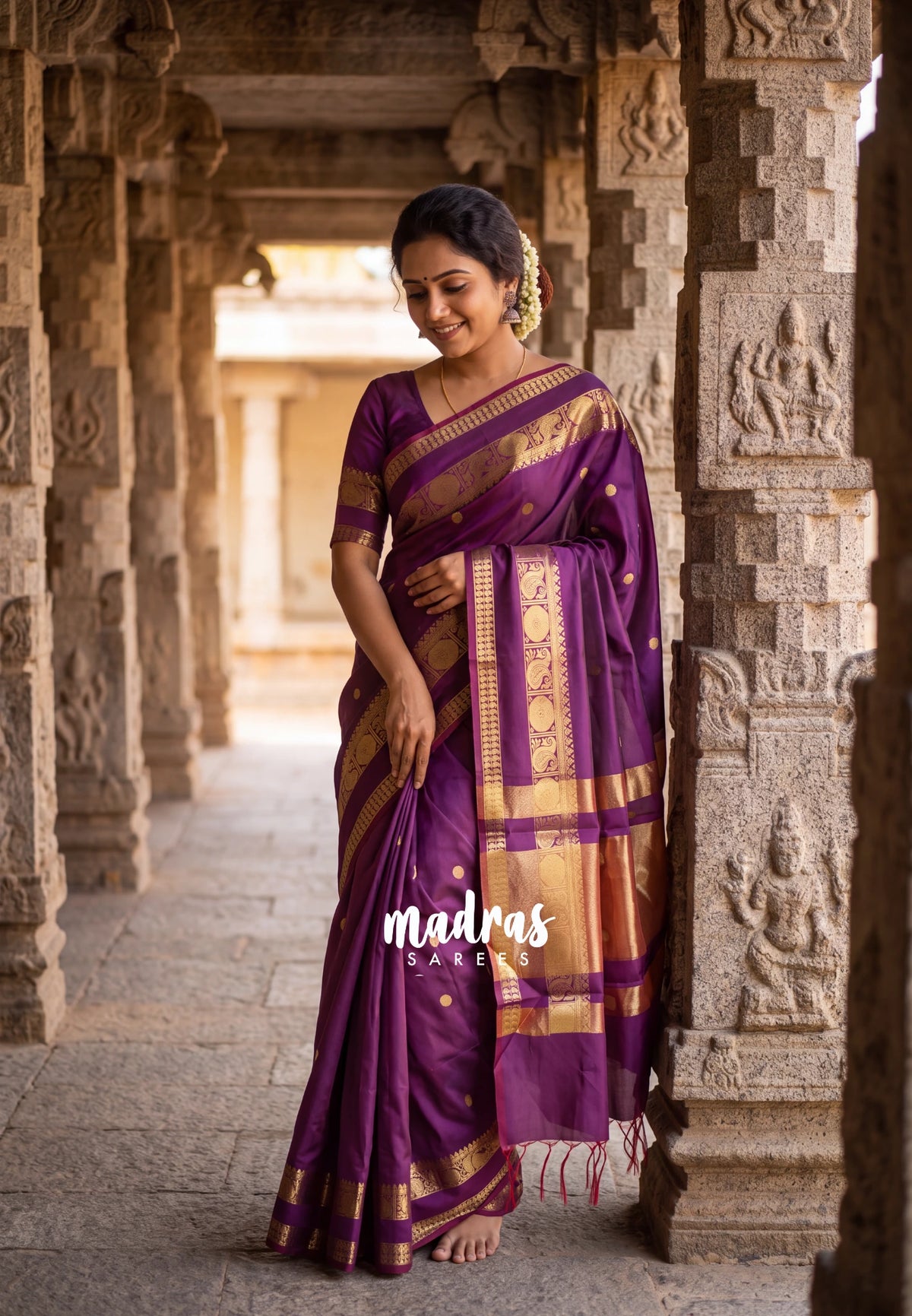 Dual Shade Magenta Purple - Kanimozhi - Premium Soft Silk with Rudraksham, Mango Border and Buttas - Best for Wedding Functions