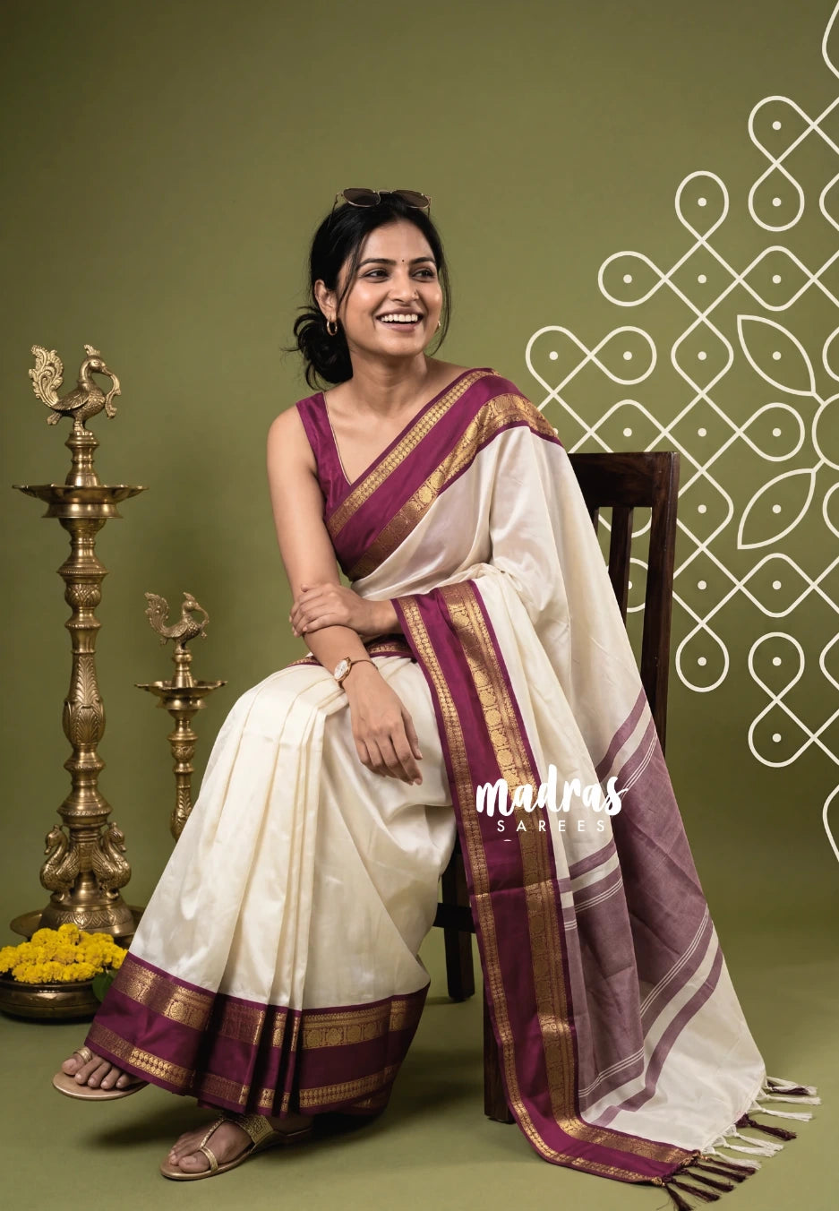 Ivory White - Kanimozhi - Premium Soft Silk Plian with Rudraksham, Mango Border - Best for Wedding Functions