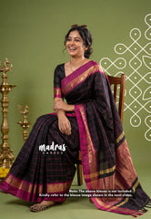 Jet Black - Kanimozhi - Premium Soft Silk Saree Checks with Skirt Border - Best for Wedding Functions