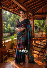 Midnight Rainbow - Kanimozhi - Premium Soft Silk Horizontal Striples with Rettapet Border - Best for Wedding Functions