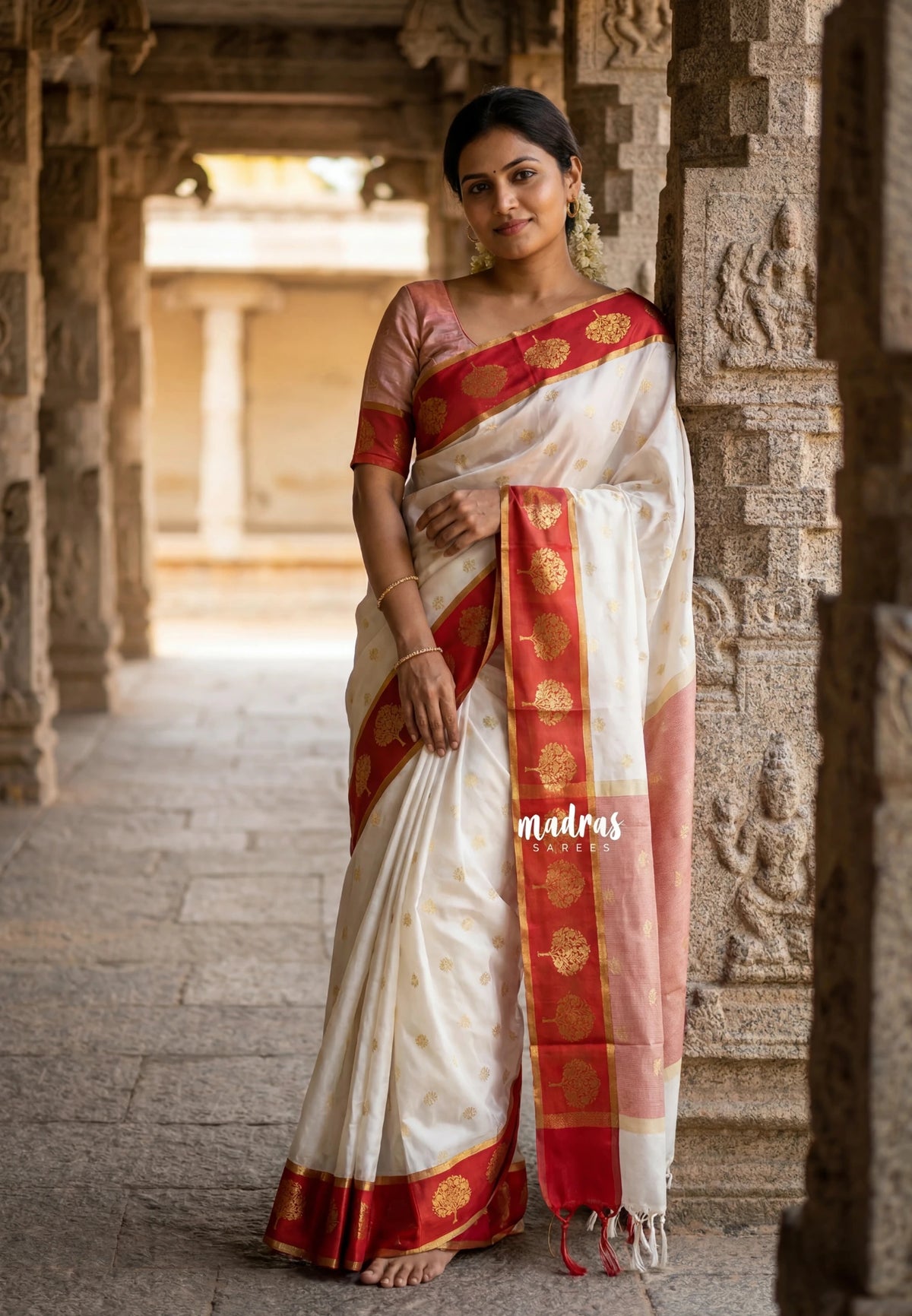Ivory White - Kanimozhi - Soft Silk Saree Tree Zari Border with Flower Buttas - Best for Small Functions