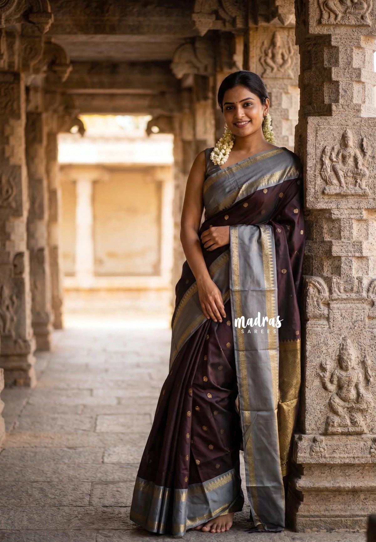 Dark Chocolate Brown - Kanimozhi - Premium Soft Silk Rettapet Border with Buttas - Best for Wedding Functions