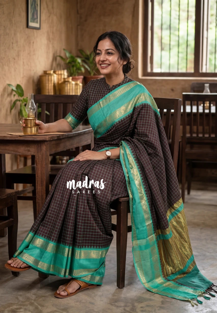 Wine Brown with Aqua - Kanimozhi - Soft Silk Muthu Kattam with Mango Border - Best for Wedding Wear