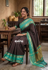 Wine Brown with Aqua - Kanimozhi - Soft Silk Muthu Kattam with Mango Border - Best for Wedding Wear