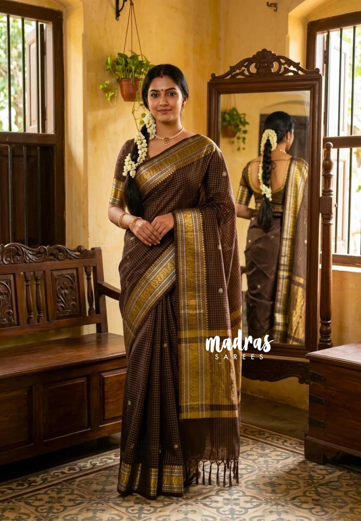 Coffee Brown - Kanimozhi - Soft Silk Zari Checks with antique meenakari Border - Best for Wedding Wear