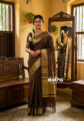 Coffee Brown - Kanimozhi - Soft Silk Zari Checks with antique meenakari Border - Best for Wedding Wear