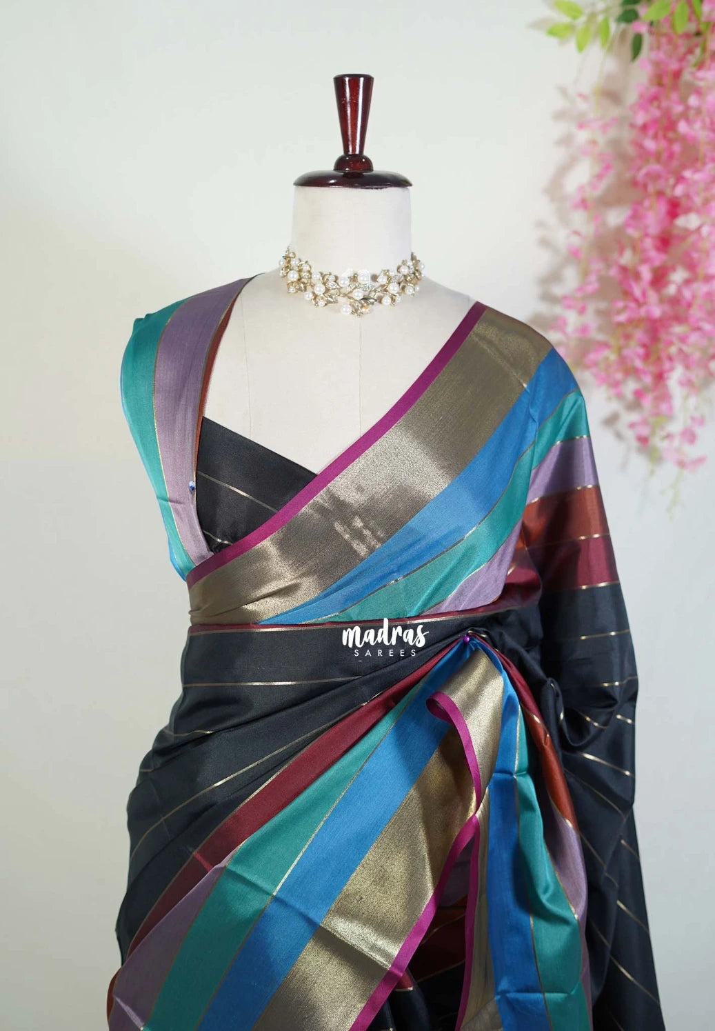 Black with Rainbow - Kanimozhi - Premium Soft Silk Horizontal Striples with Rainbow Border - Best for Festive Wear