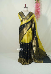 Jet Black with Yellow - Kanimozhi - Soft Silk Saree Partly Pallu Saree with Buttas - Best for Wedding Functions